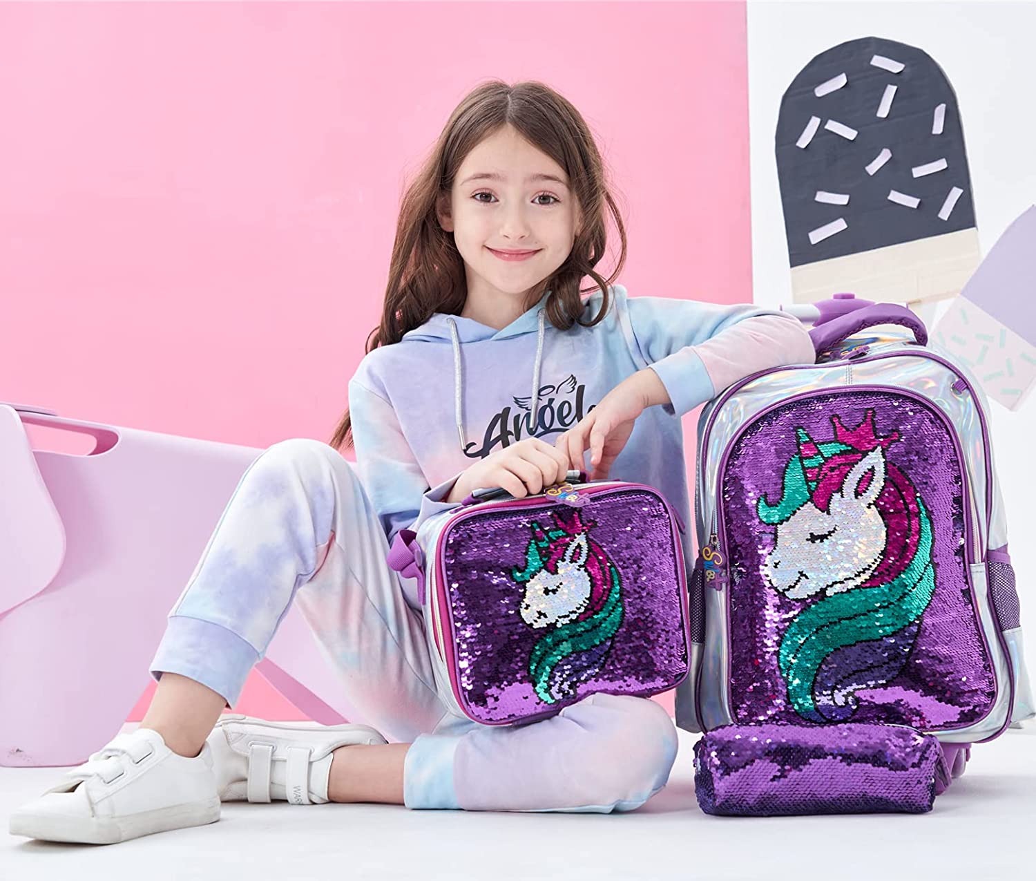 Rolling Backpack For Girls With Reversible Decoration, Lunch Box